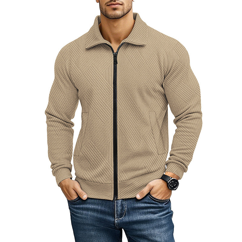 Men's Casual Jacket Solid Color Waffle Turn-down Collar Coat Khaki - D&A