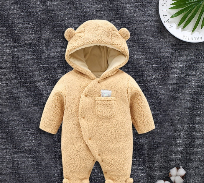 Baby clothes lamb winter cotton padded clothes baby newborn baby skin thickening climb Siamese clothes cotton Marrón - D&A