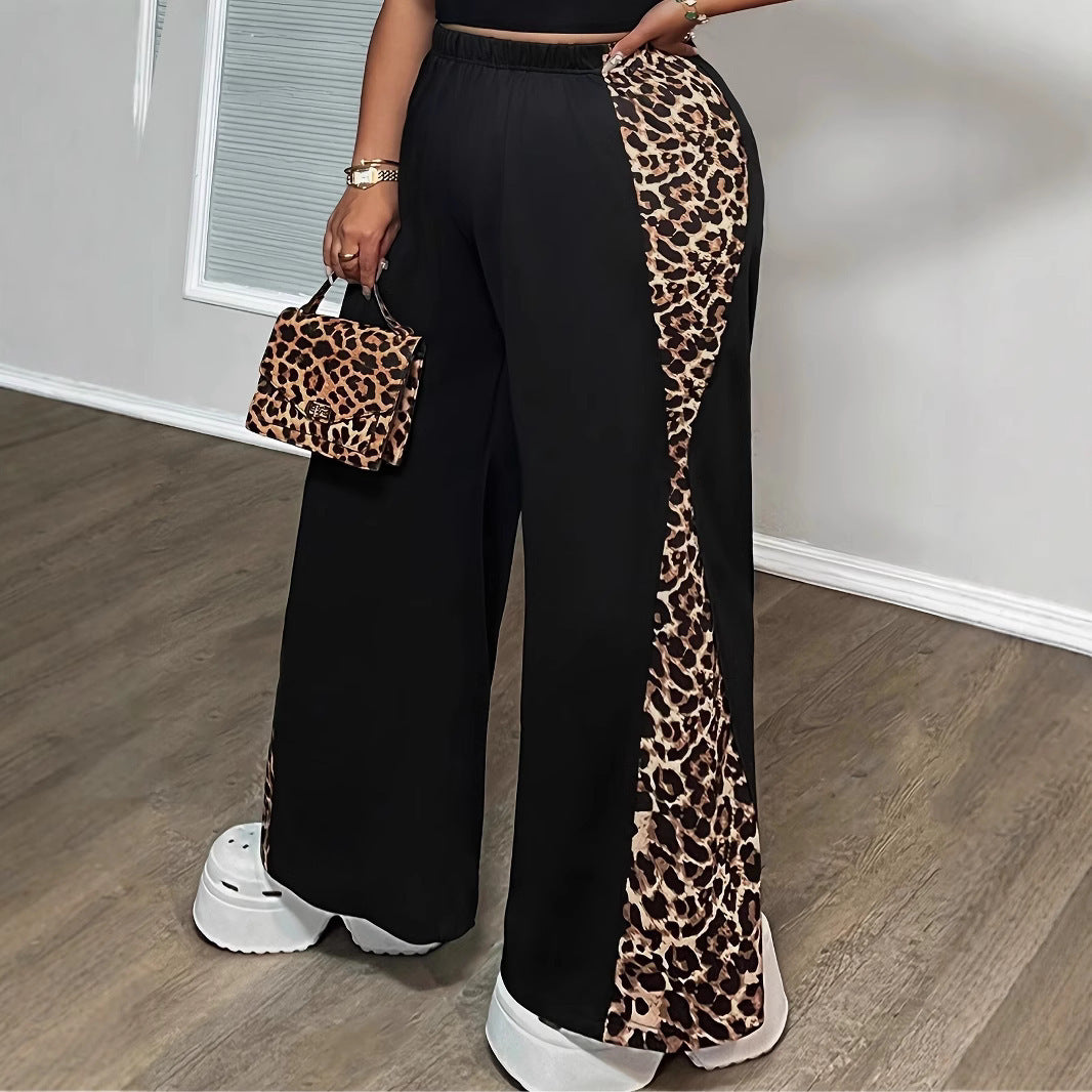 Black Loose Leopard Print Fashionable Wide-leg Pants Plus Size Women's Pants - D&A
