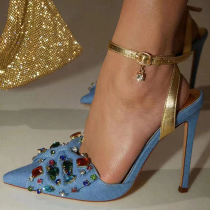Bow Rhinestone Pointed Toe Closed Toe High Heel Plus Size Sandals - D&A