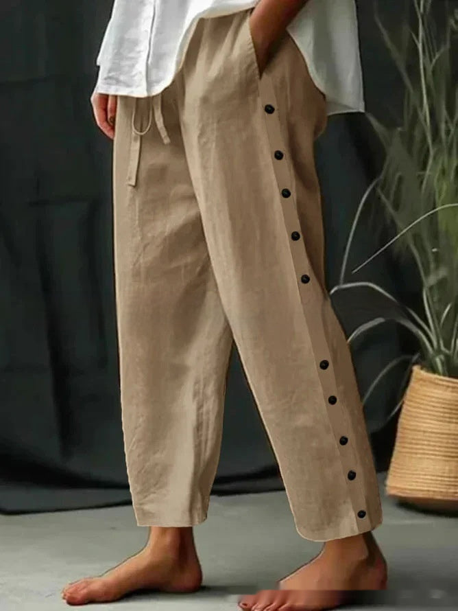 Lace-up Slim Breasted Pocket Pure Cotton Casual Pants Khaki - D&A