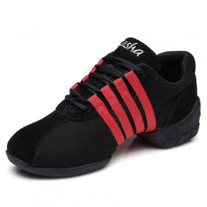 Mesh Dance Shoes Women's Mid Heel T01 Black Cloth Red Stripe - D&A