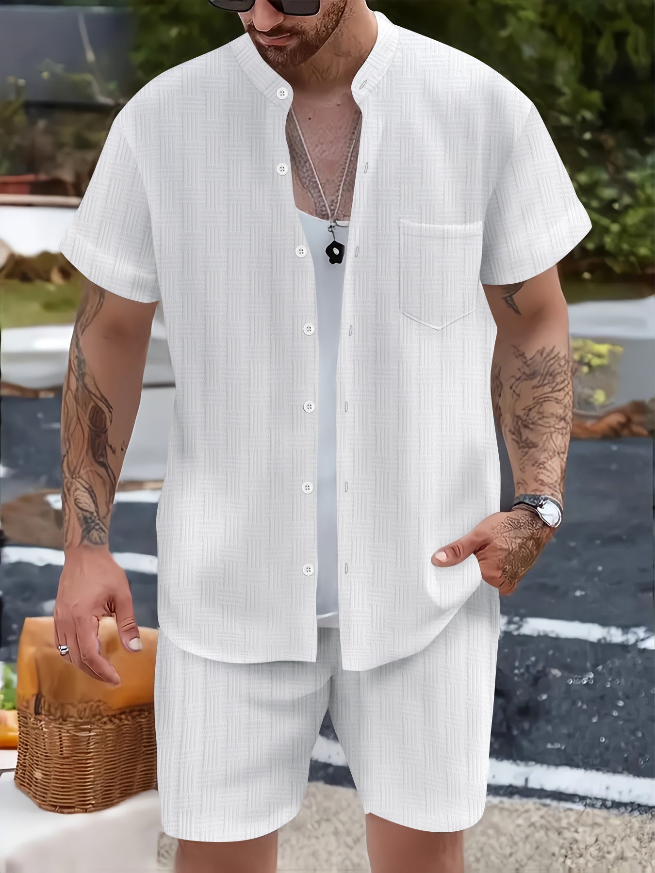 Men's Shirt Casual Henry Collar Pocket White - D&A