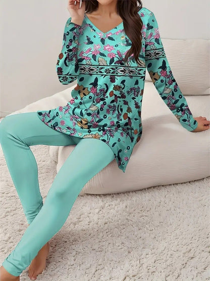 Women Vintage Fashion Floral V-neck Long Sleeve Leggings Printing Suit Figure 8 - D&A