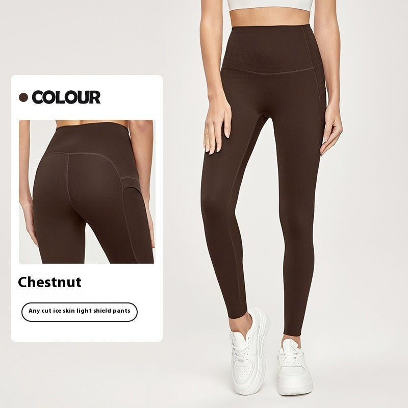 7A Antibacterial Cool Feeling Yoga Pants Outer Wear Pocket High Waist Hip Lift Sports Tights Chestnut - D&A