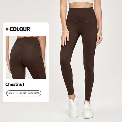 7A Antibacterial Cool Feeling Yoga Pants Outer Wear Pocket High Waist Hip Lift Sports Tights Chestnut - D&A