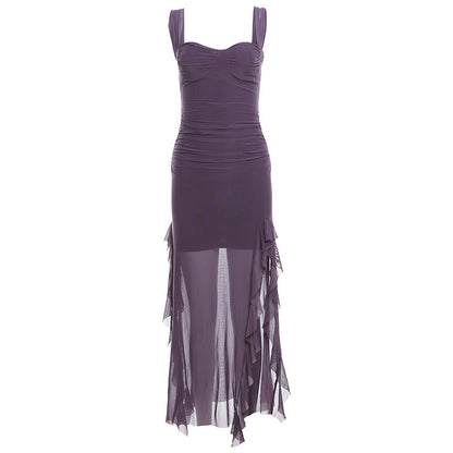 Spring New Women's Sexy Hot Girl Strap Tube Top Split Sheath Long Dress Purple - D&A