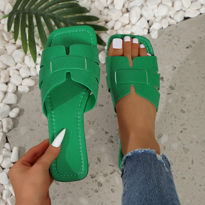 Solid Color Lightweight Flat Slippers Women's Outdoor Beach Sandals Green - D&A