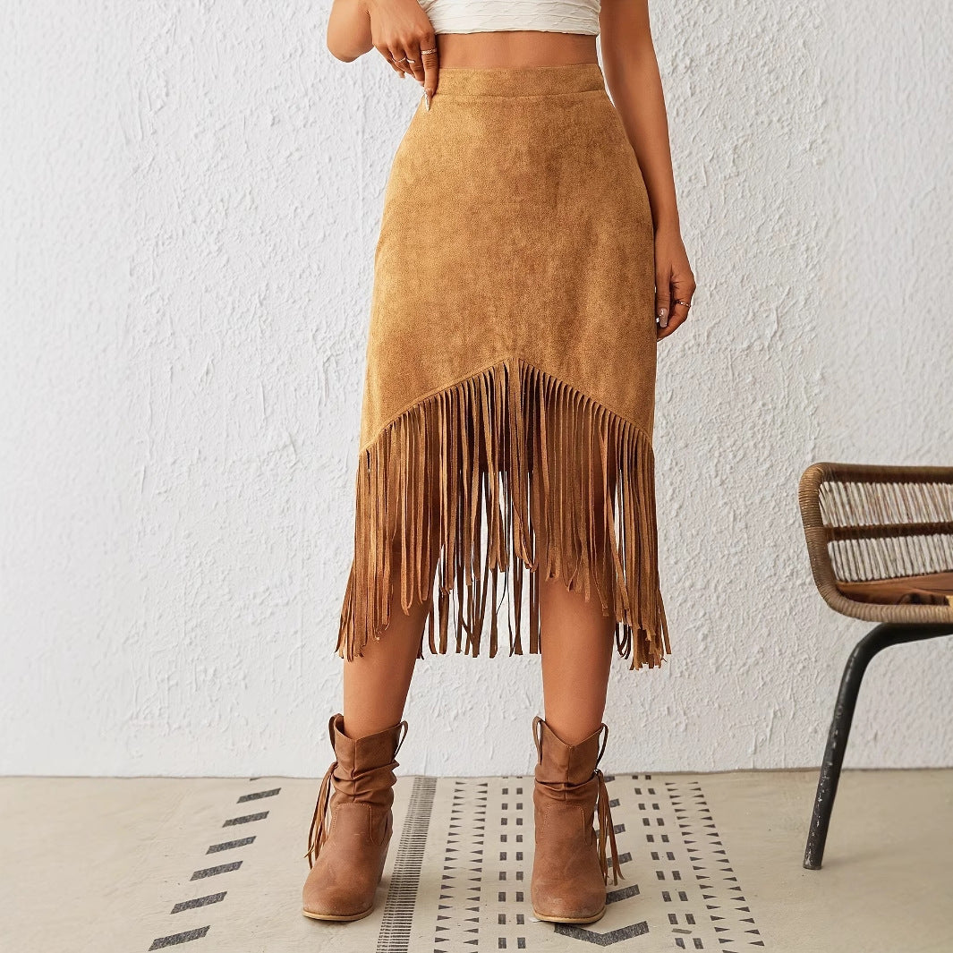 Women's Tassel Edge Asymmetrical Hem Solid Color Skirt Brown - D&A