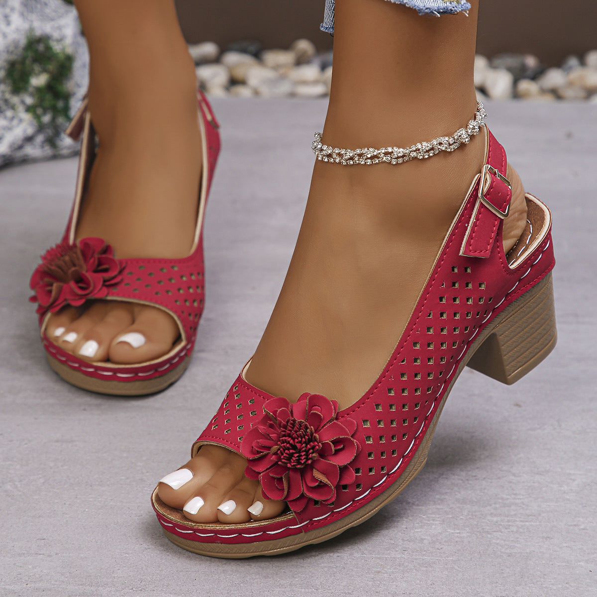 Plus Size Flower Casual Buckle Solid Color High Heel Sandals Red - D&A