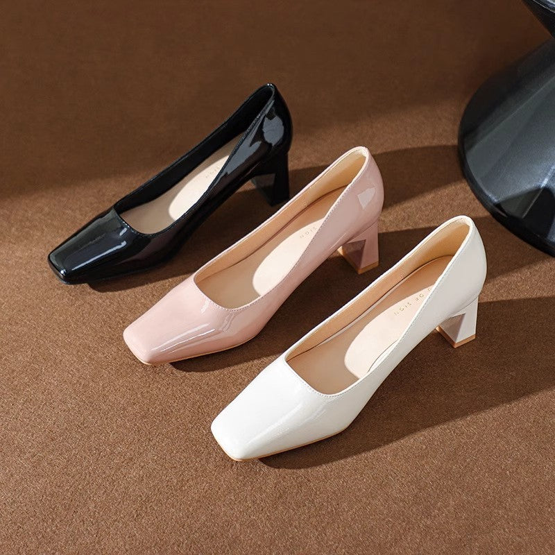 Classic Style High Heel Patent Leather Square Toe Light Luxury French Shoes - D&A