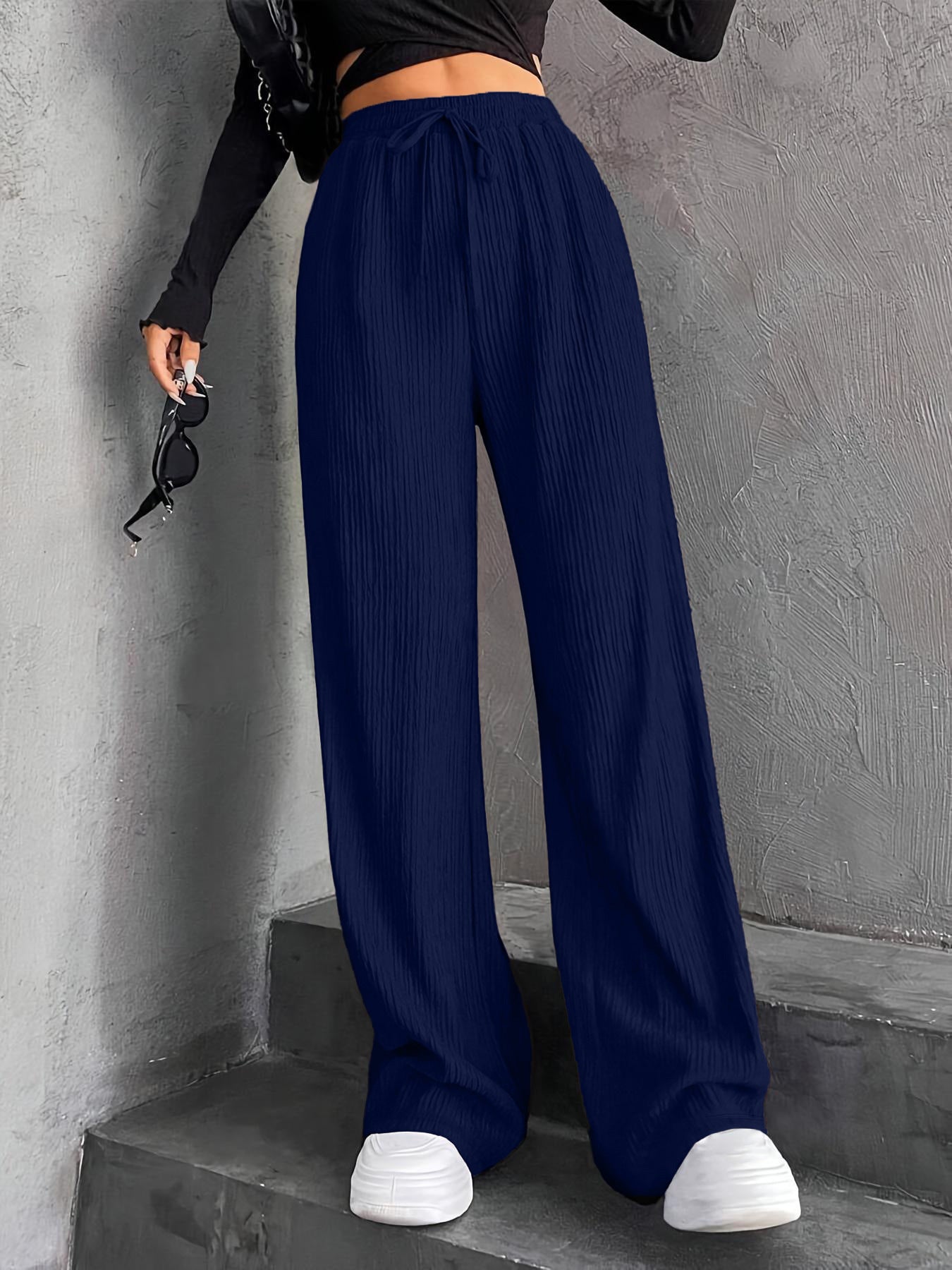 New Women's Elastic Waist Pinstripe Road Straight Wide Leg Dark Blue - D&A