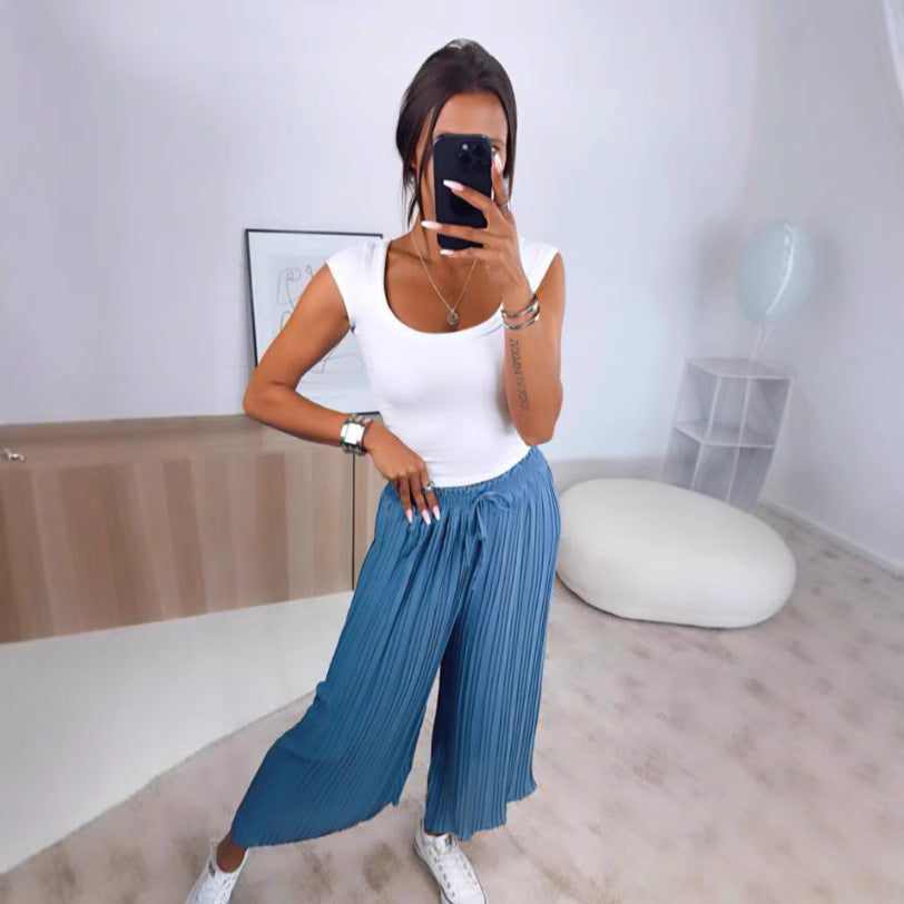High Waist Casual Draping Pleated Straight-leg Pants - D&A