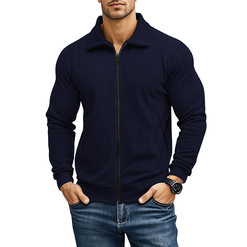 Men's Casual Jacket Solid Color Waffle Turn-down Collar Coat Navy Blue - D&A