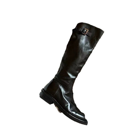 Washed Horse Leather Belt Buckle Thick Bottom Thigh High Boots Women - D&A