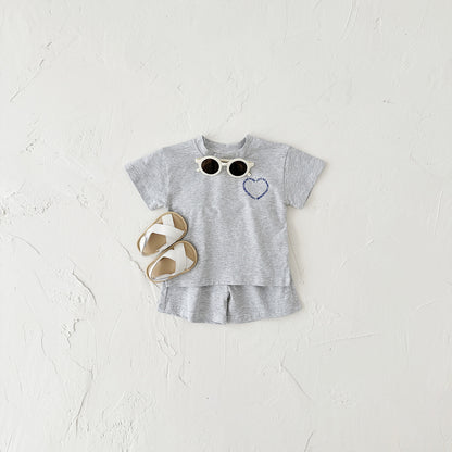 Heart Printing Short Sleeve Suit Korean Style Baby Boys' And Girls' Clothing Two-piece Set Gray - D&A