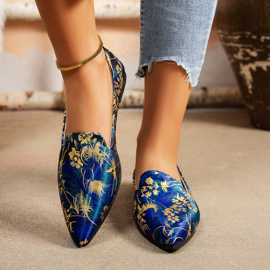 Printed Shallow Mouth Pointed Flat Large Size Women's Shoes - D&A