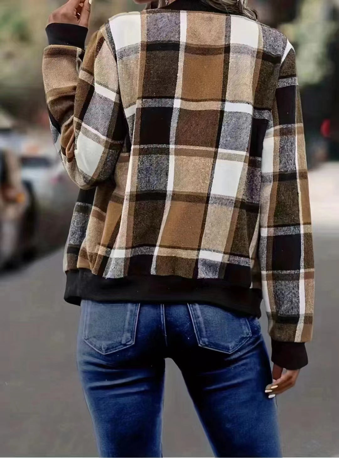 European And American Autumn And Winter Plaid Baseball Jacket Jacket Khaki - D&A