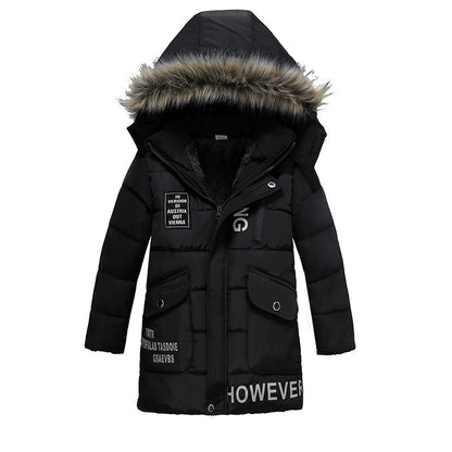 Boys Large Fur Collar Padded Warm Cotton Jacket Black - D&A