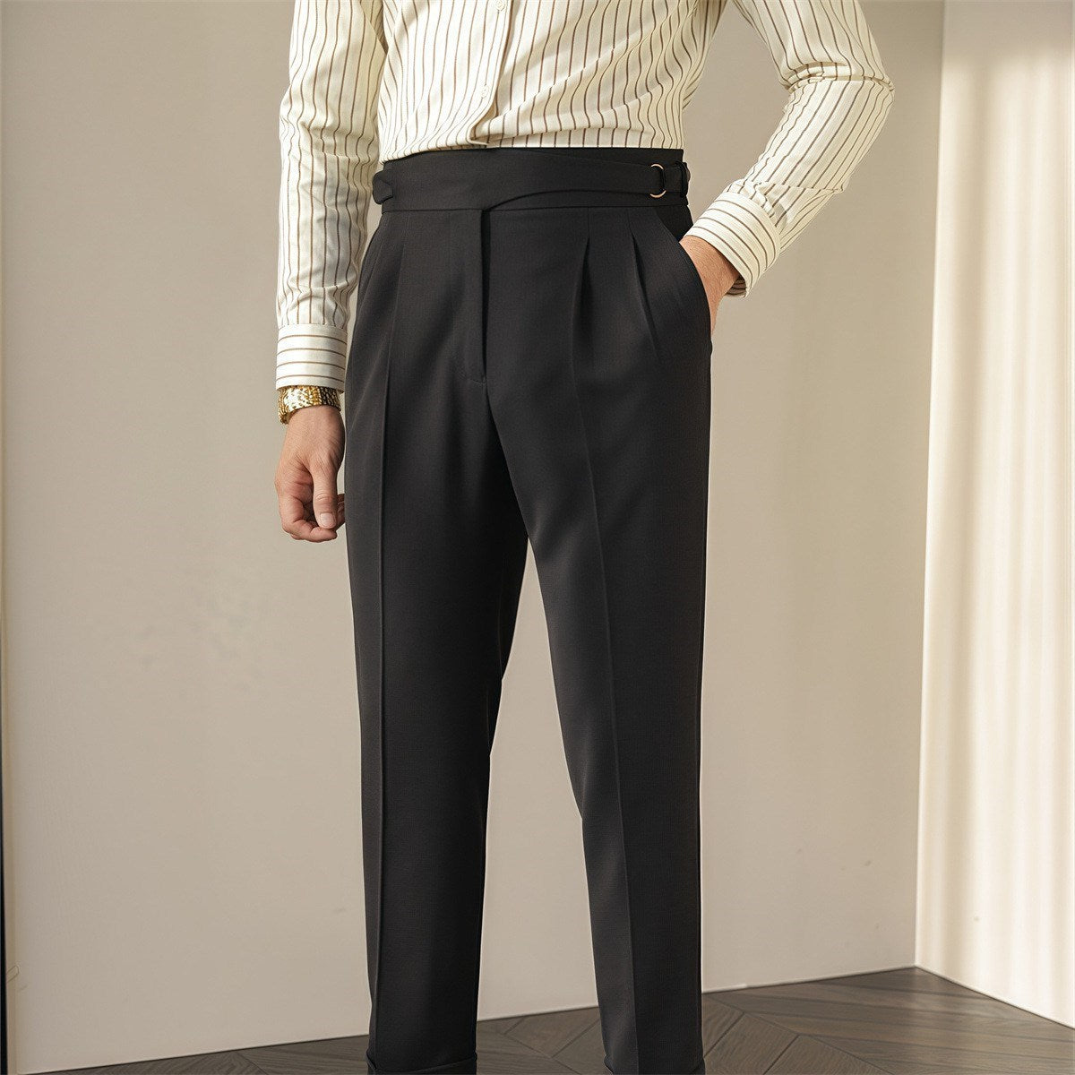 British Retro Business Casual Paris Buckle Suit Pants Men Black - D&A