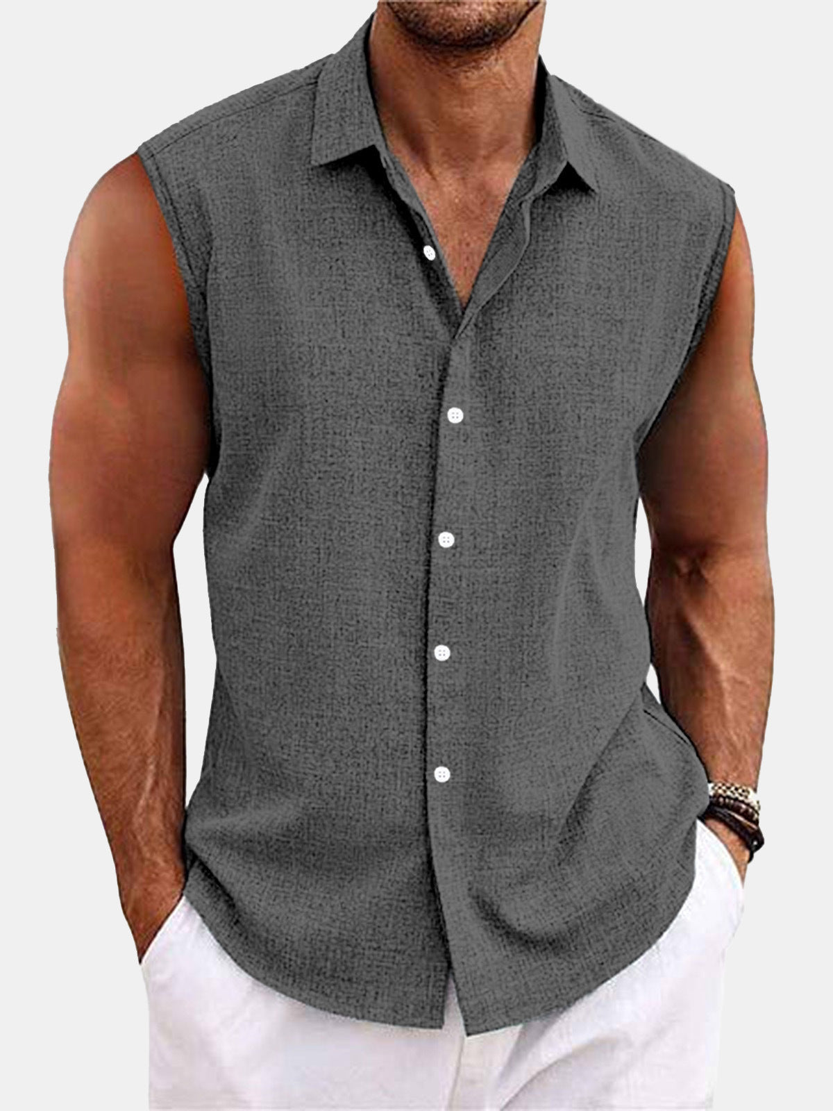Lapel Beach Sleeveless Shirt Dark Gray - D&A