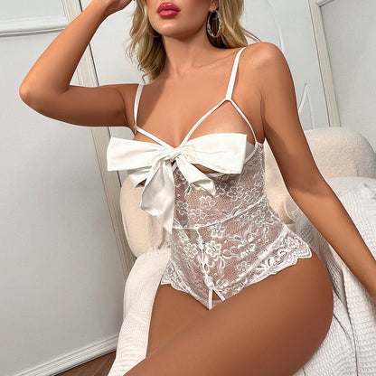 One-piece Lingerie See-through Lingerie Sexy Deep V Lingerie White - D&A