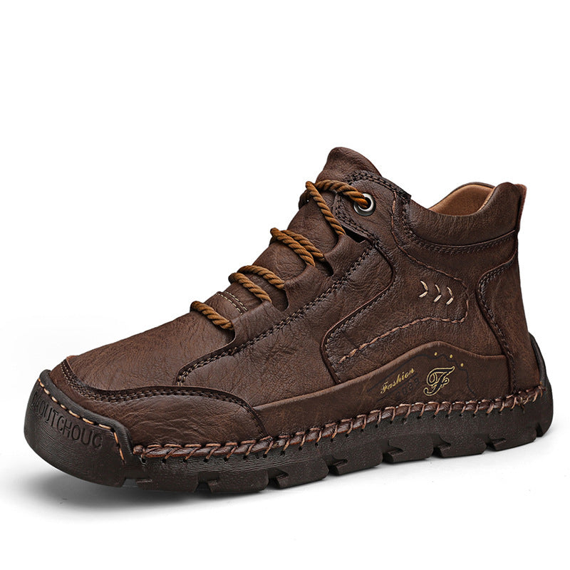 Fleece-lined Warm Mid-top Cotton-padded Shoes Soft Bottom Stitching Non-slip Men's Outdoor Leisure Shoes - D&A