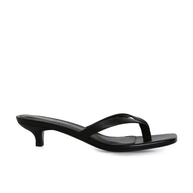 Women's Square Toe Leather Flip-flops Black 4cm - D&A