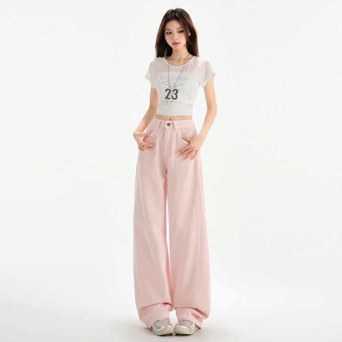 Cherry Blossom Wide Leg Draping Mop Jeans Cherry Blossom Pink Trousers - D&A