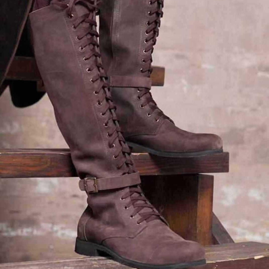 Long Boots Female High Tube Lace-up Low Heel - D&A