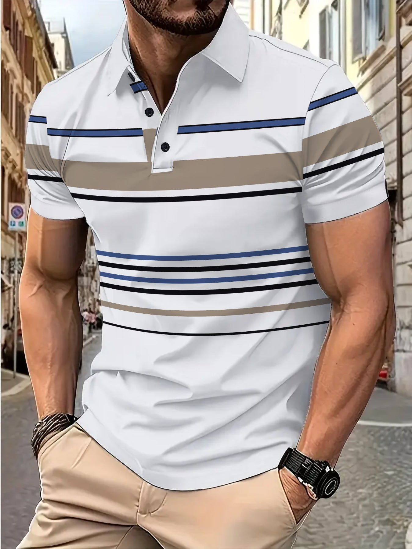 Men's Striped Short Sleeve Summer Business Casual Loose T-shirt White - D&A