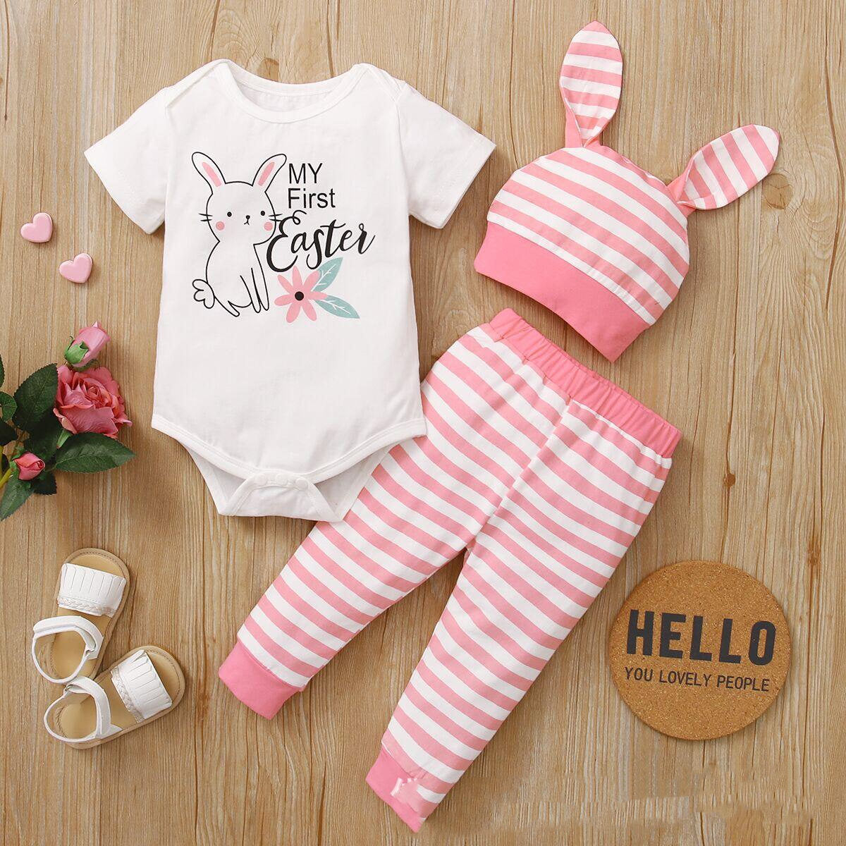 New Easter Print Rabbit Romper Three Piece 2 Colors Pink - D&A