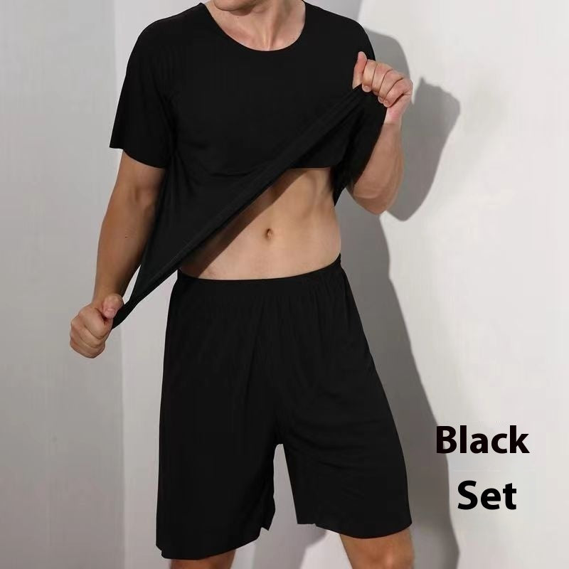 Advanced Ice Silk Round Neck Solid Color Short Sleeve Shorts Suit N88 Suit Black - D&A