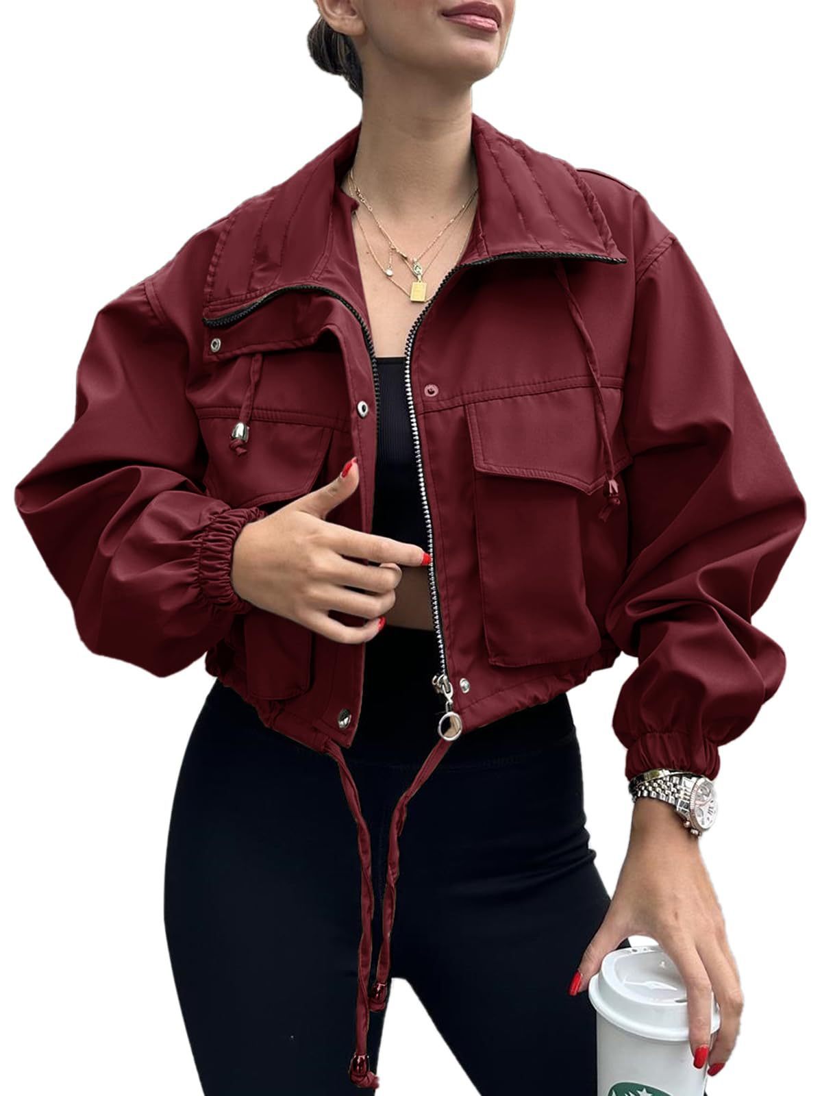 Solid Color Women's Short Jacket Zipper Trench Coat Wine Red - D&A