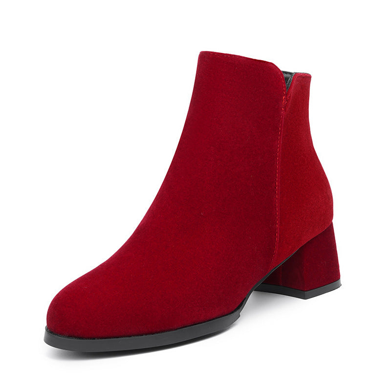 Pointed-toe Frosted Suede Side Zipper Chunky Heel Mid Heel Plus Size Female Boots Red - D&A