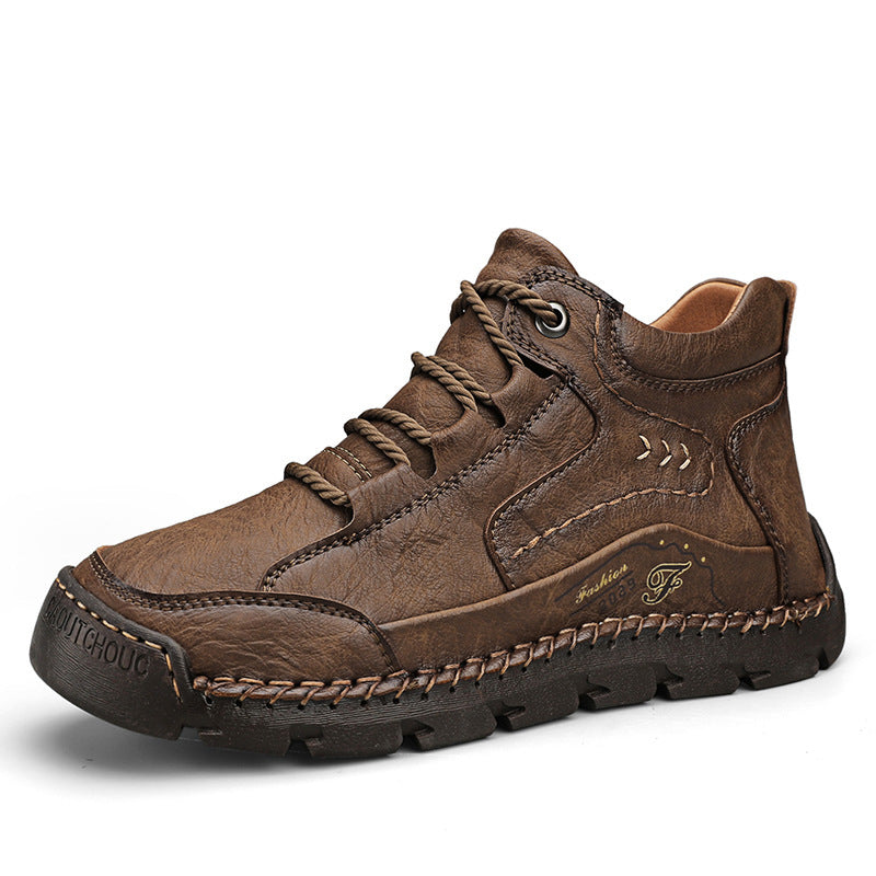 Fleece-lined Warm Mid-top Cotton-padded Shoes Soft Bottom Stitching Non-slip Men's Outdoor Leisure Shoes 48 Dark Brown Plus Velvet - D&A