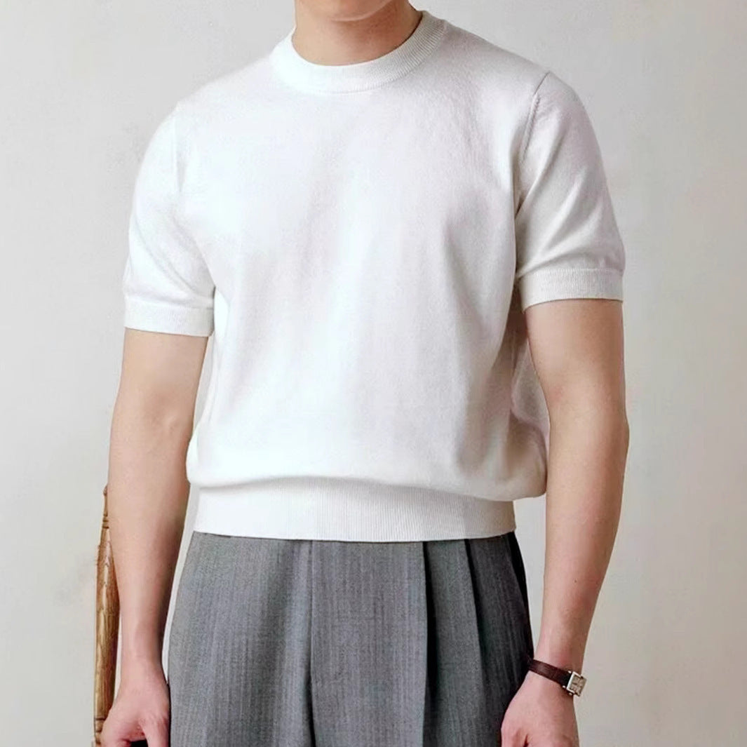 Round Neck Short Sleeve Knitted T-shirt White - D&A