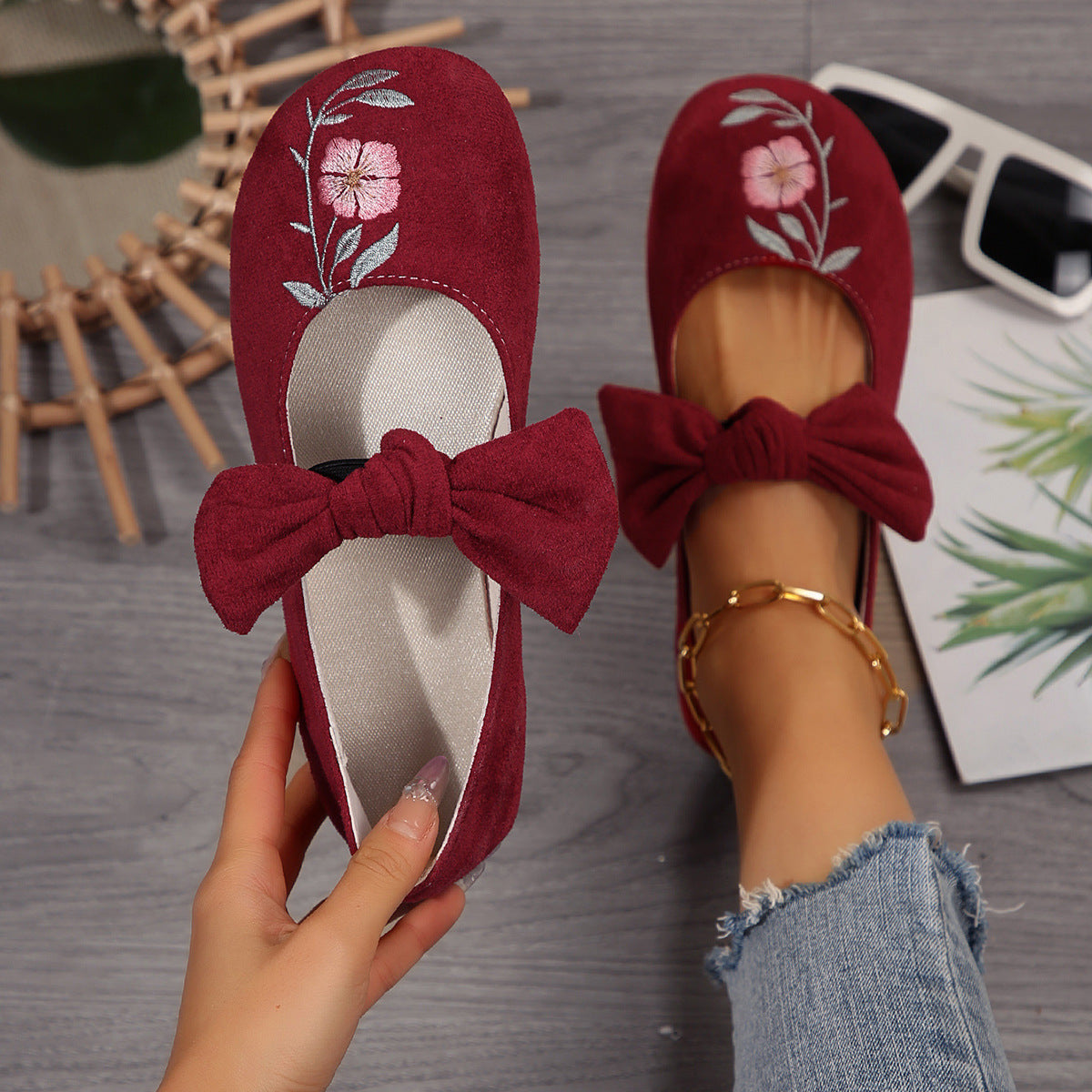 Fashion Personalized Women's Bow Flat Work Shoes Wine Red - D&A