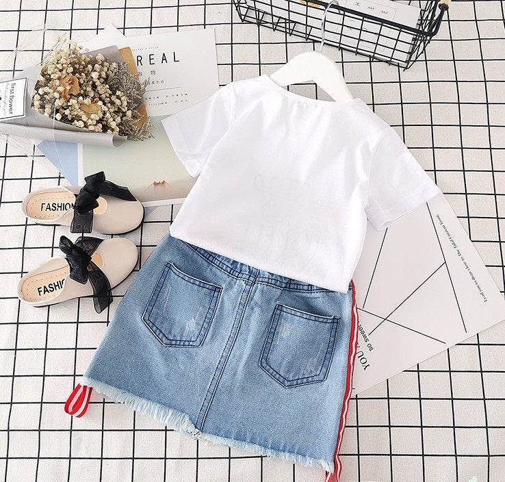 Kids Clothes White T-shirt Denim Skirt 2pcs Girls Suits - D&A