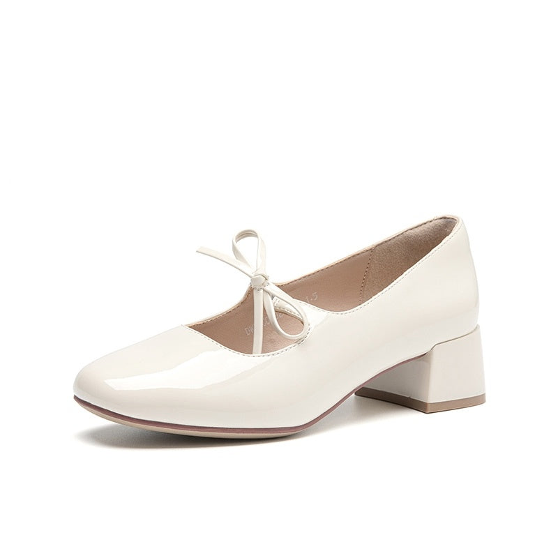 Comfortable Soft Soled Bow Mary Jane Shoes Beige - D&A