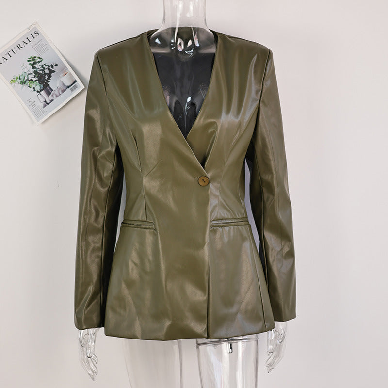 Fashionable Elegant Green V-neck Slim Suit Leather Coat Green - D&A