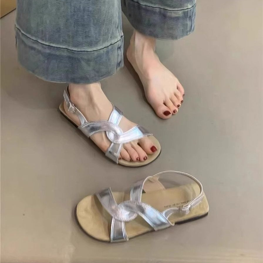 Retro Cross Strap Buckle Sandals For Women Summer Silver - D&A