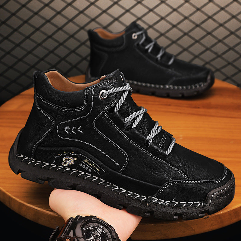 Fleece-lined Warm Mid-top Cotton-padded Shoes Soft Bottom Stitching Non-slip Men's Outdoor Leisure Shoes 48 Black Plus Velvet - D&A