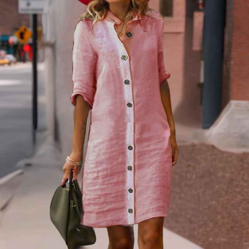 Women's Solid Color Shirt Collar Mid-Sleeve Dress With Oversized Buttons - Simple & Elegant Spring&Summer Dress
