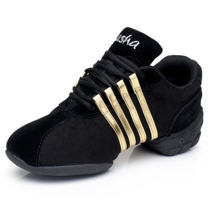 Mesh Dance Shoes Women's Mid Heel T01 Black Cloth Gold Bar - D&A