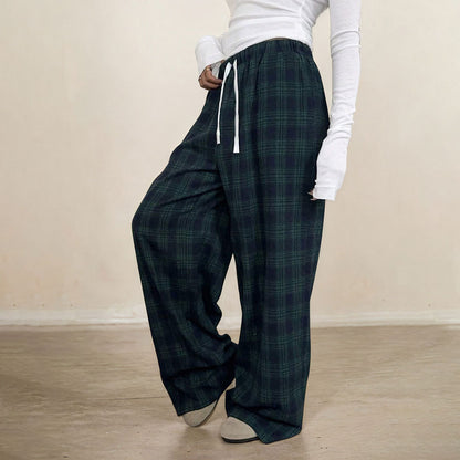 Women's Casual Plaid Trousers Elastic Waist Casual Pants - D&A