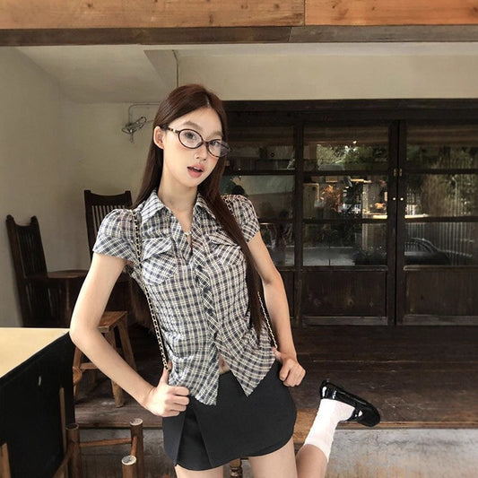 Women's Korean-style Retro Plaid Waist Shirt Summer New - D&A