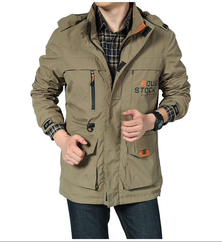 Spring thin Jacket jacket Men's casual outdoor waterproof breathable long hooded stand collar Jackets men 086 - D&A