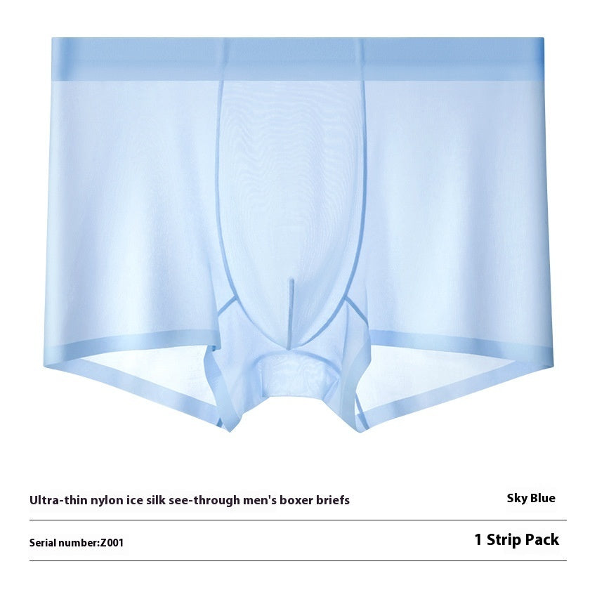 Ultra-thin Cool Ice Silk Breathable Traceless Transparent Hair Exposed Sexy Boxer Sky Blue - D&A