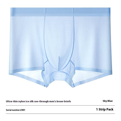 Ultra-thin Cool Ice Silk Breathable Traceless Transparent Hair Exposed Sexy Boxer Sky Blue - D&A